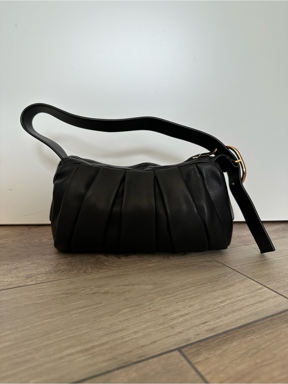 H&M Black Pleated Shoulder Bag with Gold Buckle